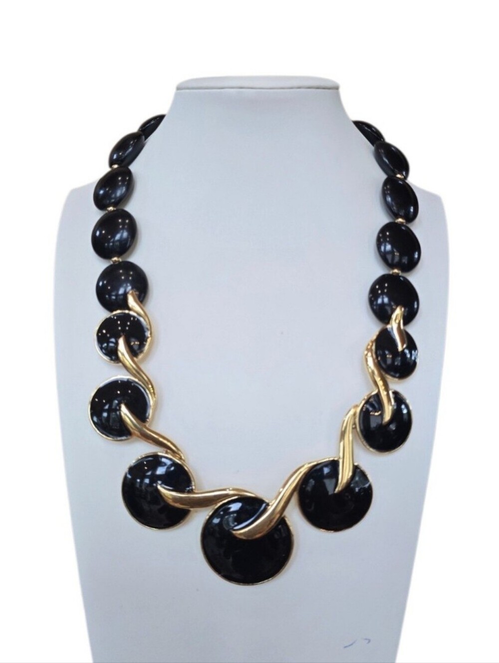 Trifari Vintage Goldtone Black Enamel Disc Beaded Necklace
